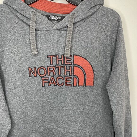 NORTH FACE Hoodie Mens Medium Gray Red Stripe Logo Pullover Sweatshirt Fleece - Picture 2 of 10